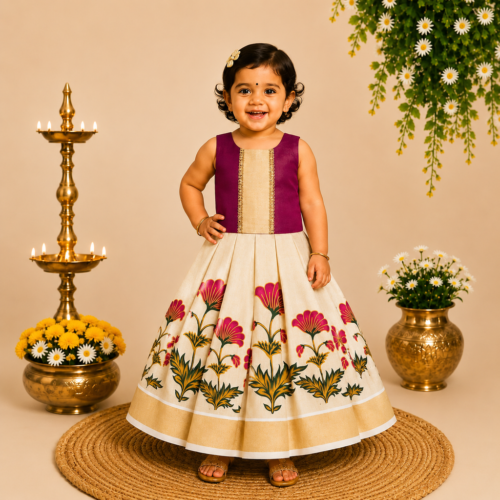 Boon Kids Floral Printed Pattu Pavada & Set for Girls Traditional Onam & Festive Wear(1-6 Years)