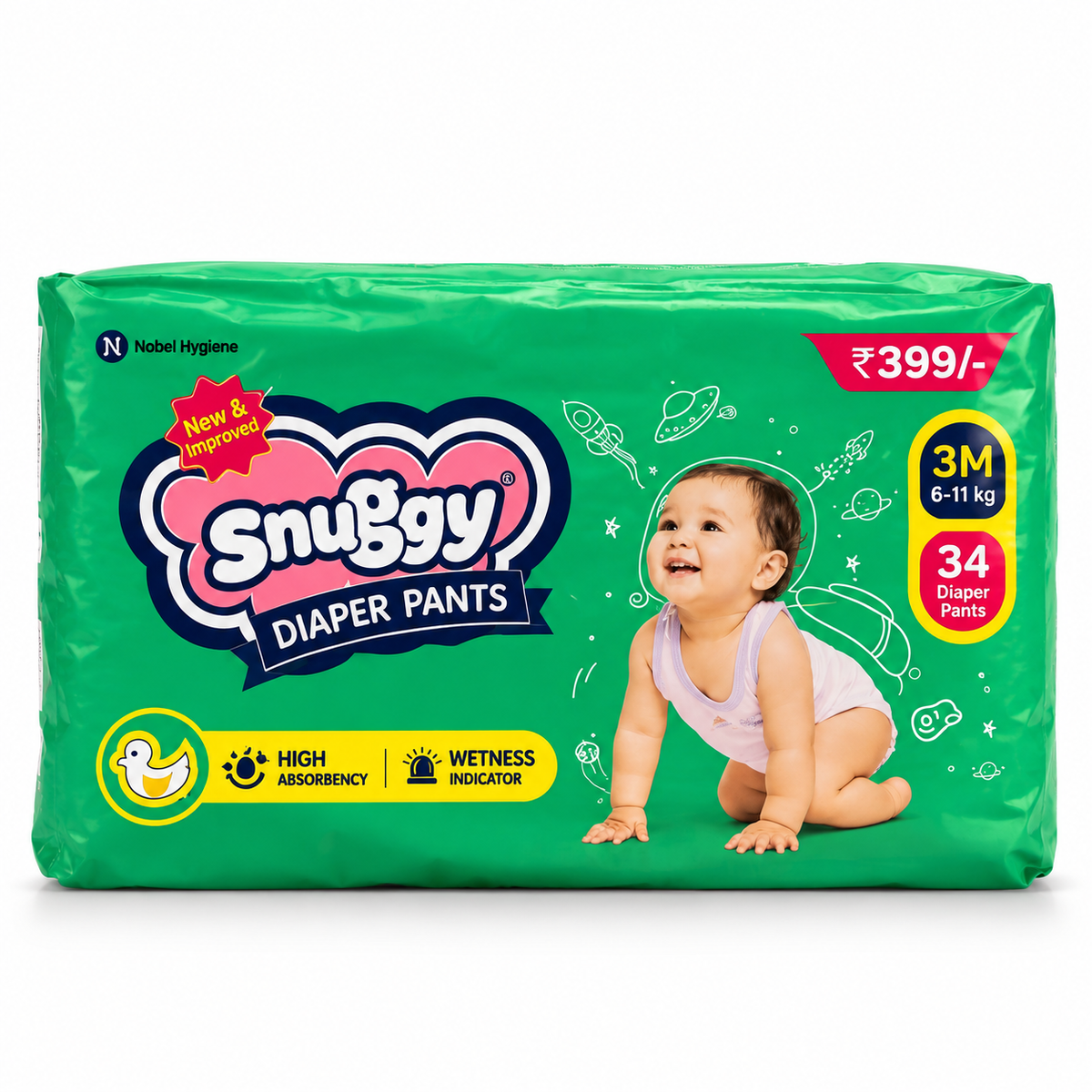 Snuggy Baby Diaper Pants Medium, 6-11 kgs, Rapid Absorption, Anti - Bacterial