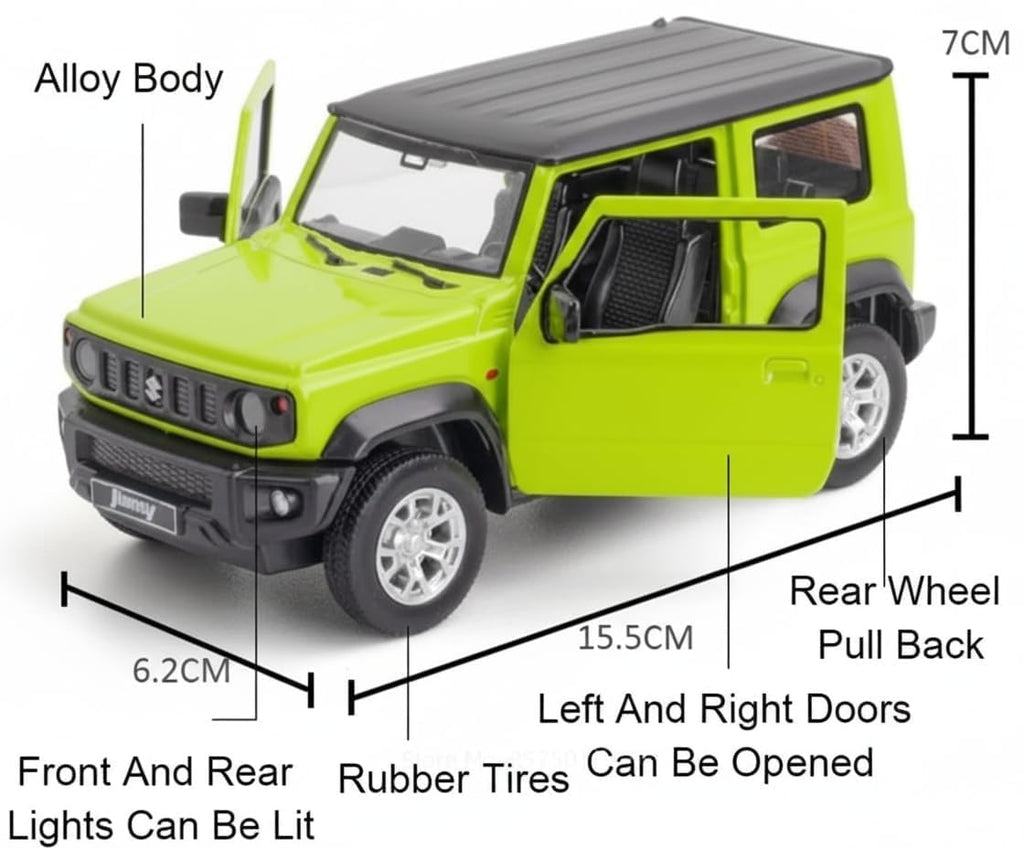 1:18 Scale Suzuki Jimny Diecast Model Car – Metal Toy Car with Openable Doors, Hood & Trunk, Pull Back Action, Realistic Miniature
