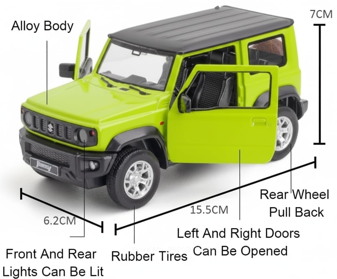 1:18 Scale Suzuki Jimny Diecast Model Car – Metal Toy Car with Openable Doors, Hood & Trunk, Pull Back Action, Realistic Miniature