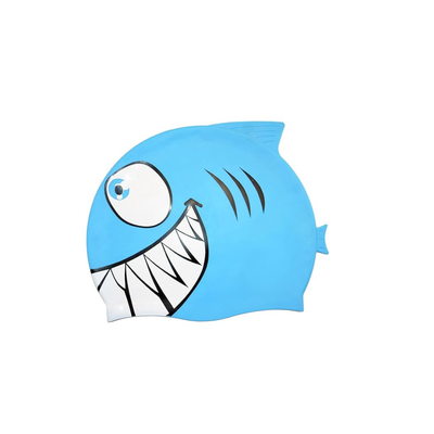 Blue swim cap with shark design on a white background