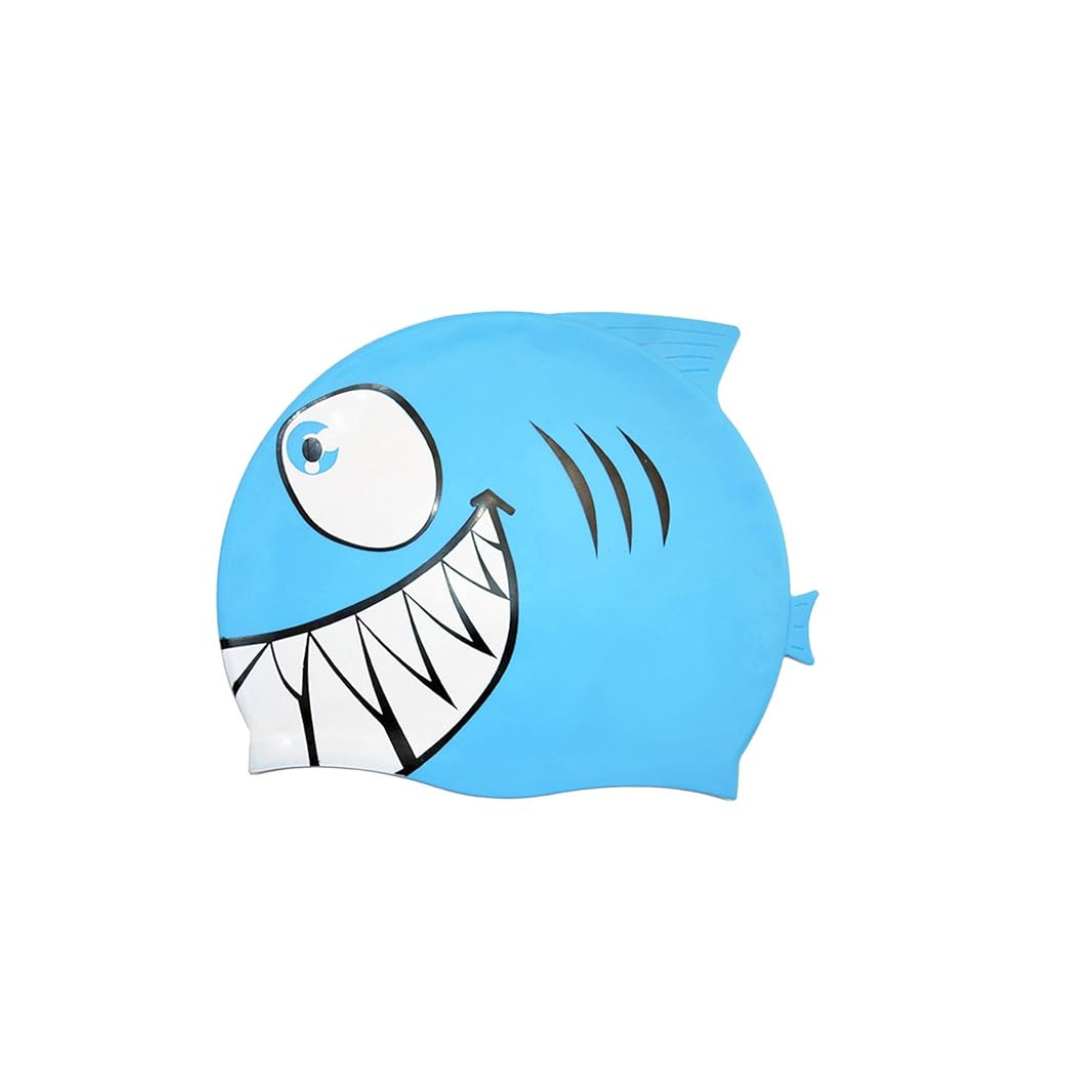 Blue swim cap with a fish design on a white background