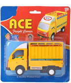 Packaged yellow Tata Ace freight truck toy with pull-back action, shown in clear blister packaging.
