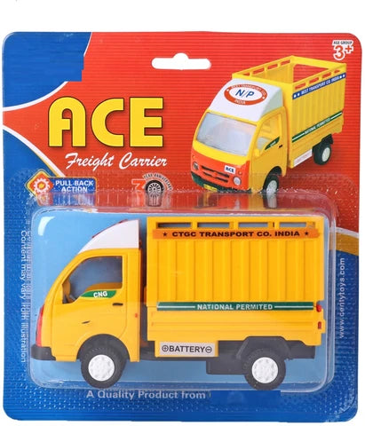 Packaged yellow Tata Ace freight truck toy with pull-back action, shown in clear blister packaging.