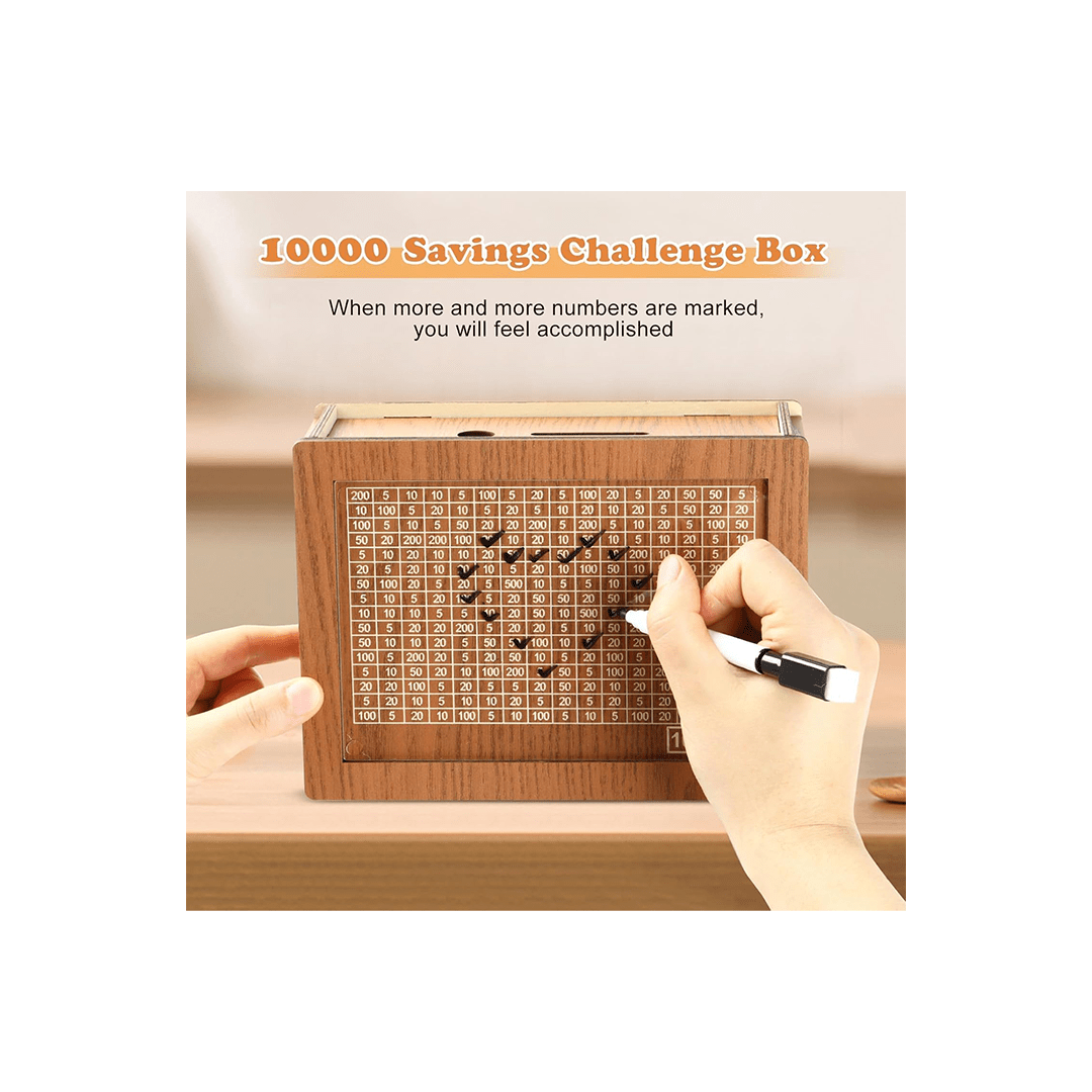 Elisburry Toys Elisburry Wooden Money Piggy Bank, Money Saving Box, With Savings Chart, 100000 Rupees Goal Tracker, Cash Collection Bank for Kids and Adults